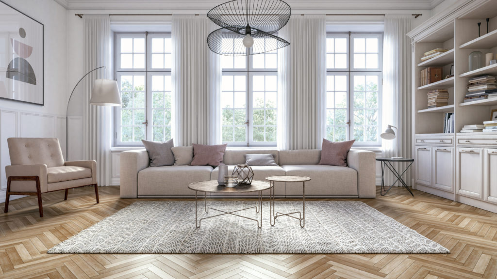 Scandinavian interior design living room 3d render with gray colored furniture and wooden elements